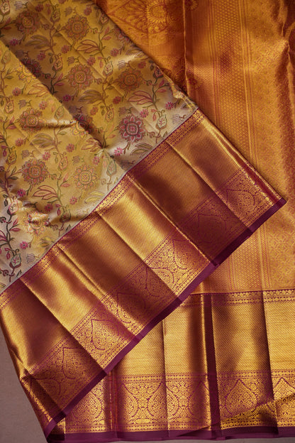Gold & Maroon Pure Tissue Kanchipuram Silk Saree with Floral Brocade|Silk Mark Certified