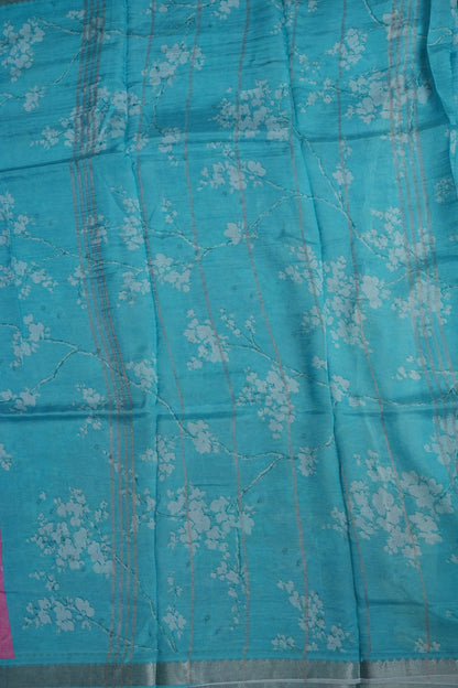 Mangalagiri Printed Silk Saree - Rose Pink & Aqua Blue