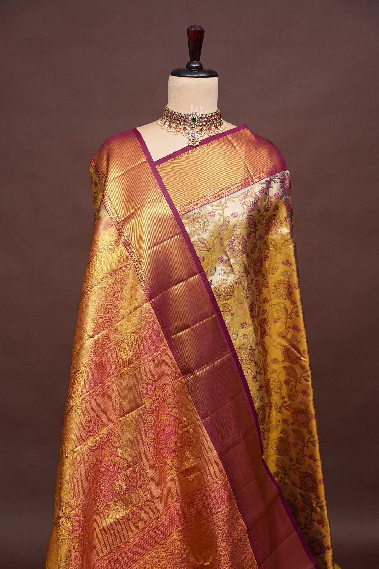 Gold & Maroon Pure Tissue Kanchipuram Silk Saree with Floral Brocade|Silk Mark Certified