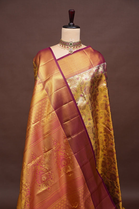 Gold & Maroon Pure Tissue Kanchipuram Silk Saree with Floral Brocade|Silk Mark Certified
