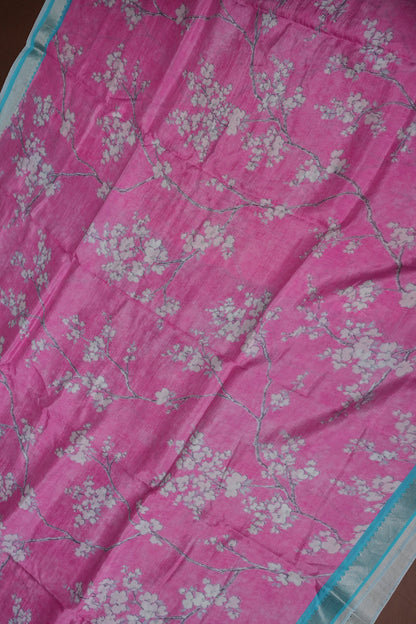 Mangalagiri Printed Silk Saree - Rose Pink & Aqua Blue