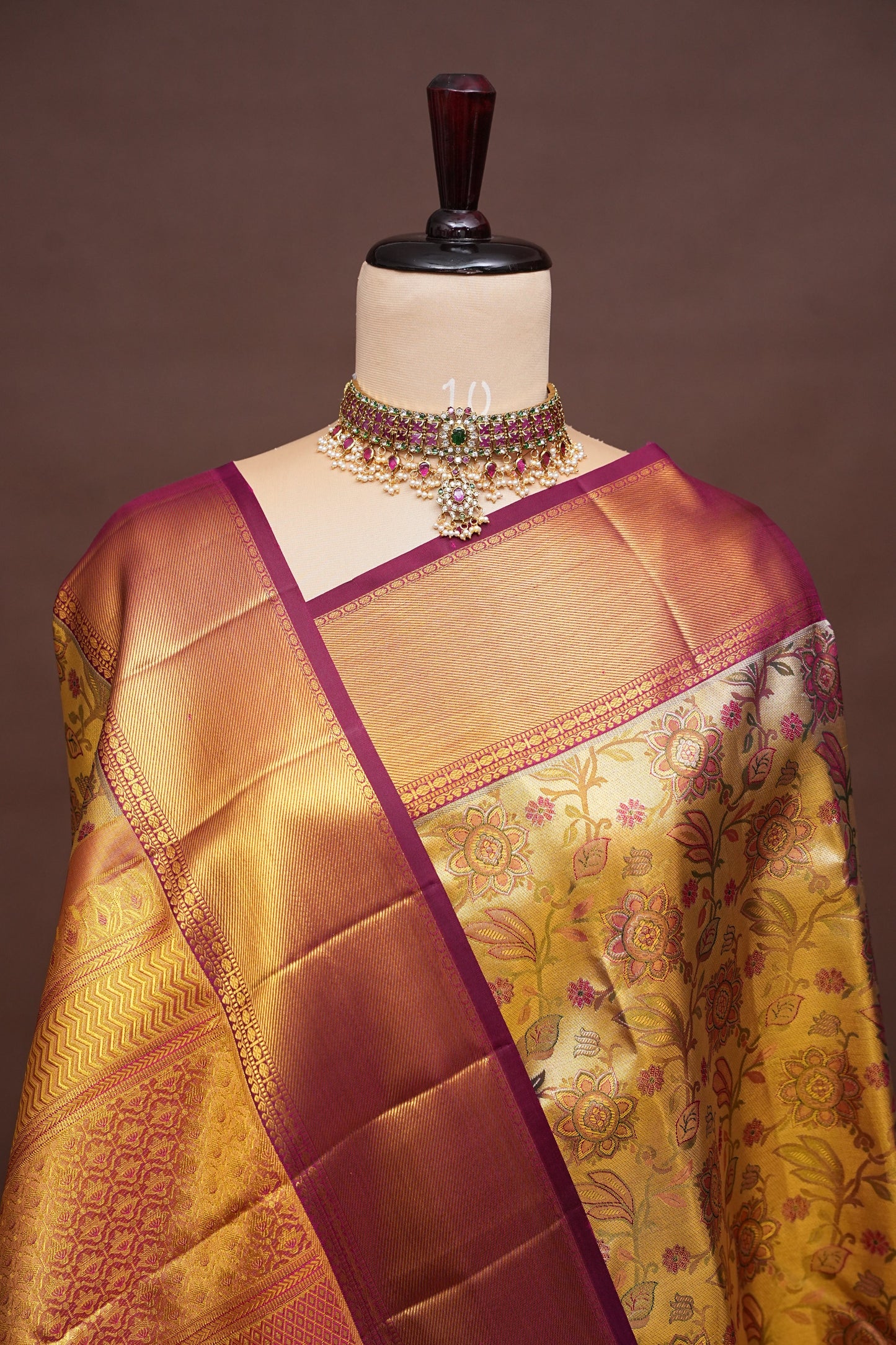 Gold & Maroon Pure Tissue Kanchipuram Silk Saree with Floral Brocade|Silk Mark Certified