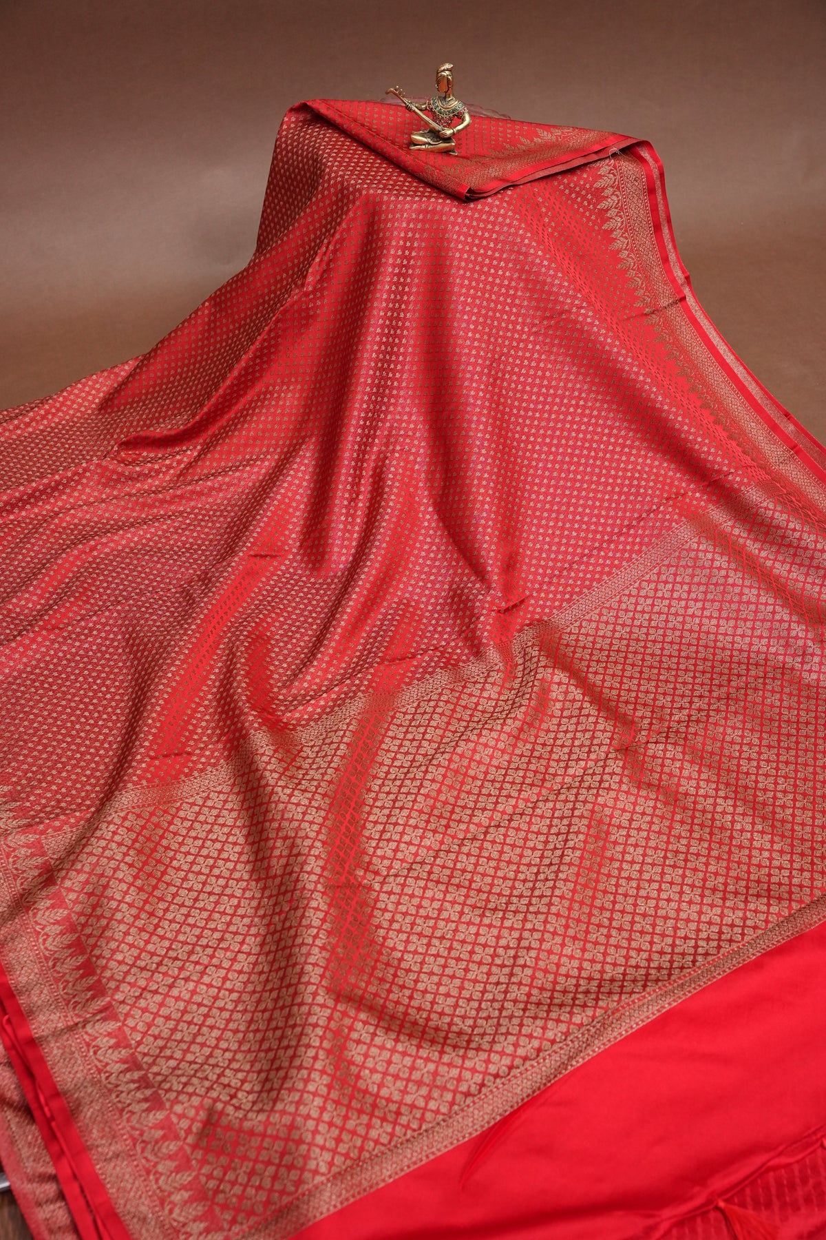 Satin Georgette Banarasi Saree with Antique Buttas & Border – Red