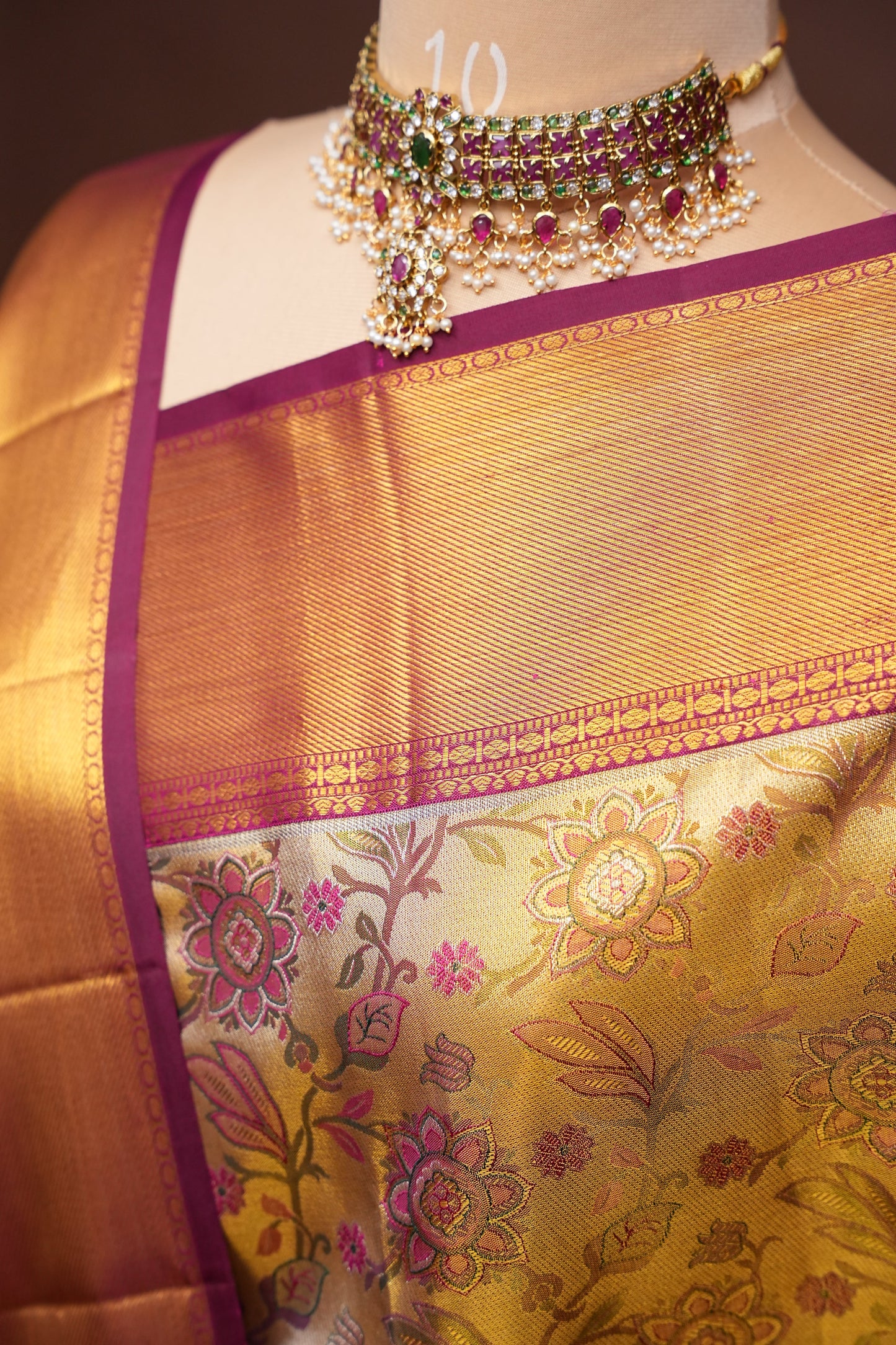 Gold & Maroon Pure Tissue Kanchipuram Silk Saree with Floral Brocade|Silk Mark Certified
