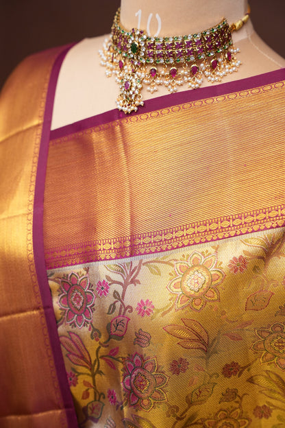 Gold & Maroon Pure Tissue Kanchipuram Silk Saree with Floral Brocade|Silk Mark Certified