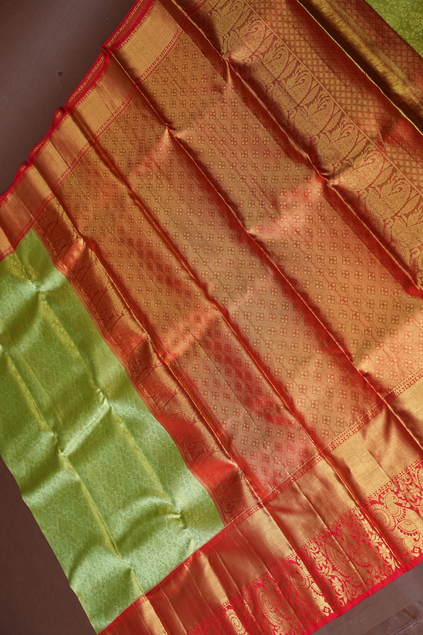 Pure Tissue Kanchipuram Silk Saree - Pistachio Green & Red Border| Silk Mark Certified