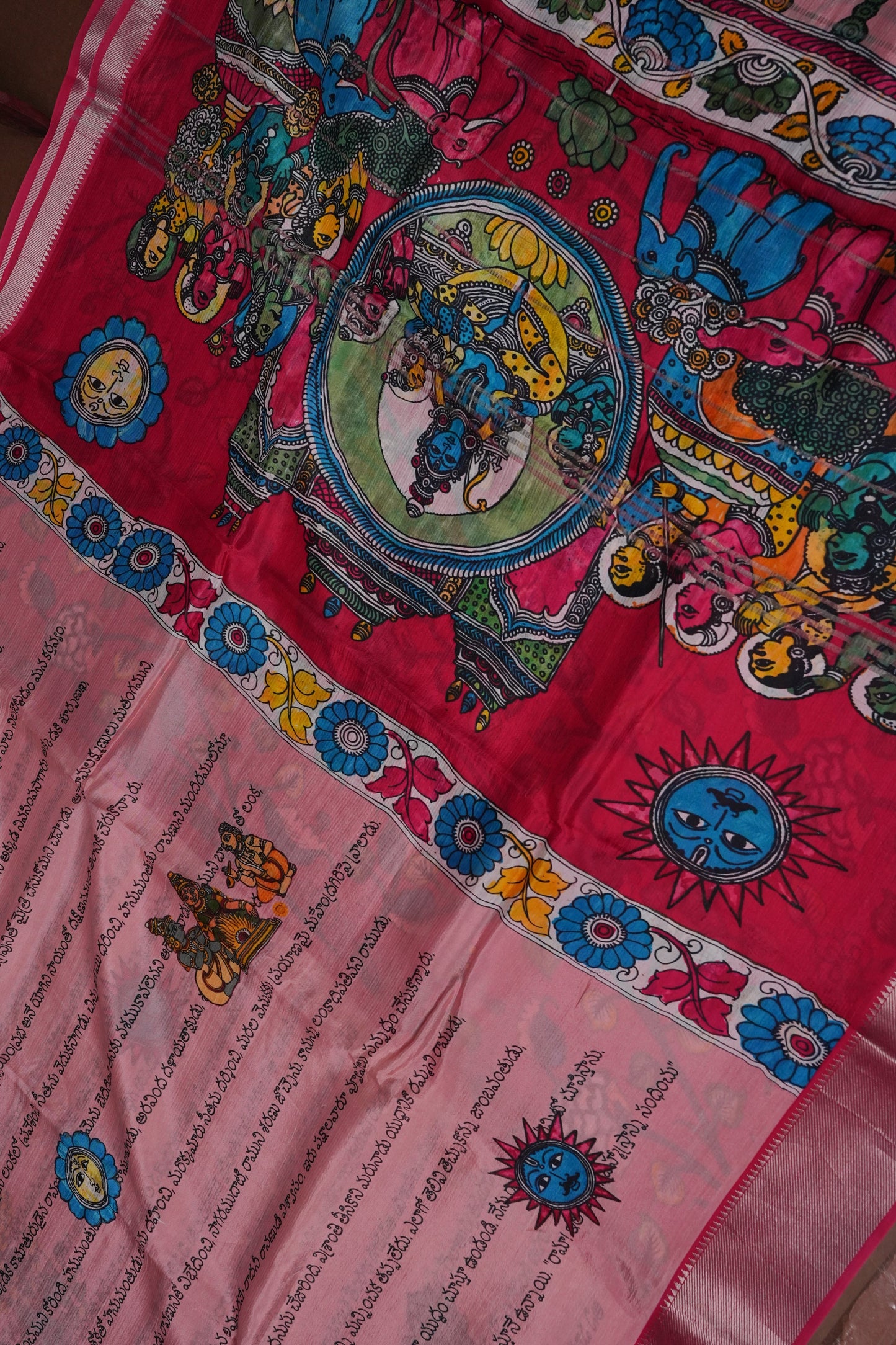 Mangalagiri Printed Silk Saree - Peach Pink & Rani Pink