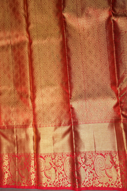 Pure Tissue Kanchipuram Silk Saree - Pistachio Green & Red Border| Silk Mark Certified