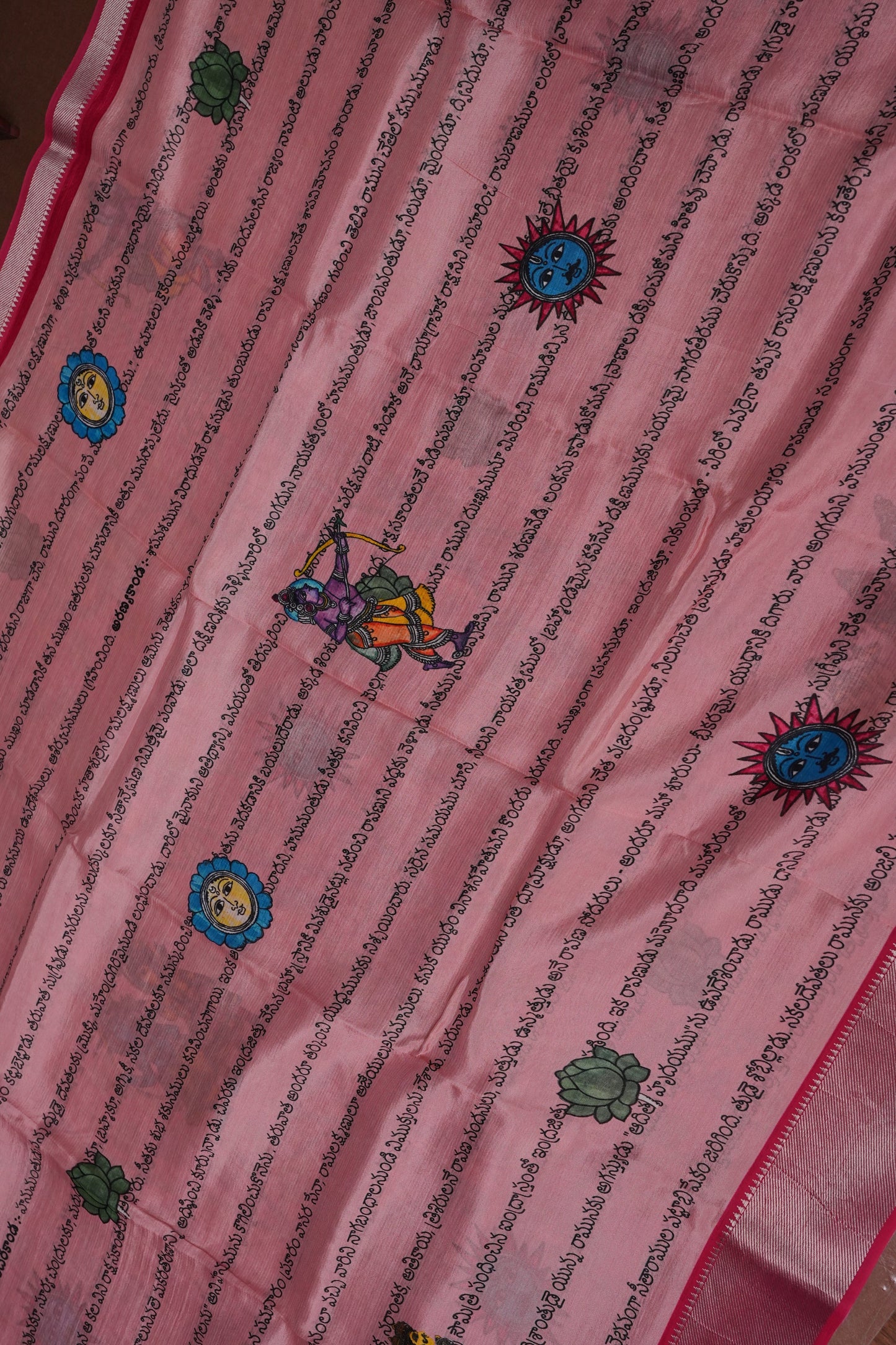 Mangalagiri Printed Silk Saree - Peach Pink & Rani Pink