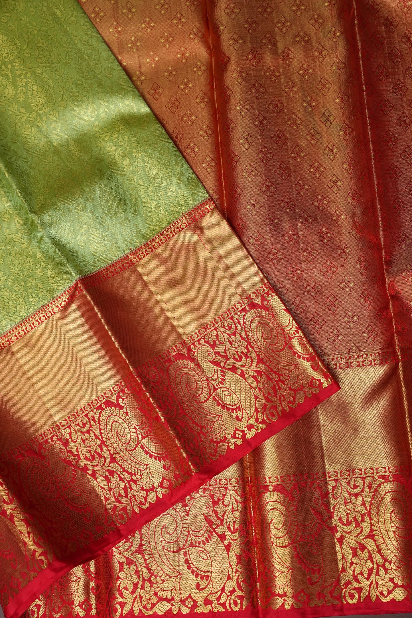 Pure Tissue Kanchipuram Silk Saree - Pistachio Green & Red Border| Silk Mark Certified
