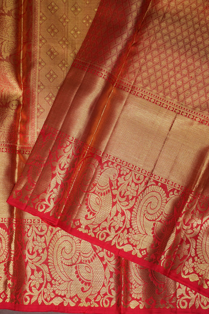 Pure Tissue Kanchipuram Silk Saree - Pistachio Green & Red Border| Silk Mark Certified