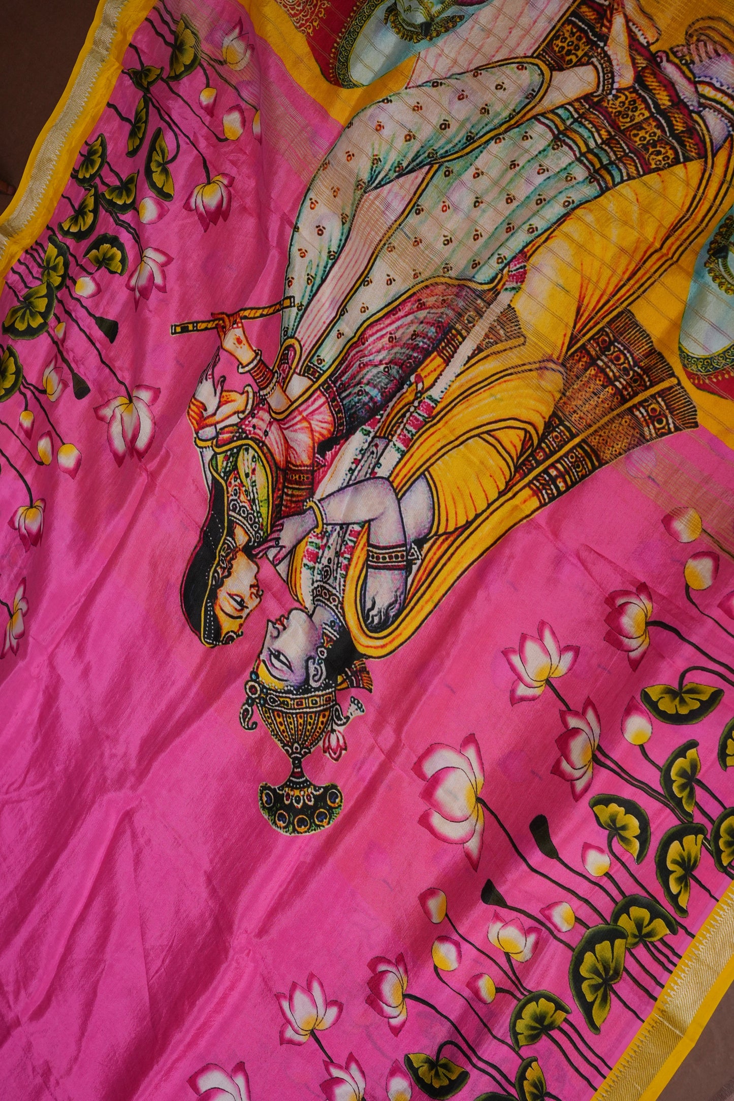 Mangalagiri Printed Silk Saree - Lotus Pink with Mustard Yellow