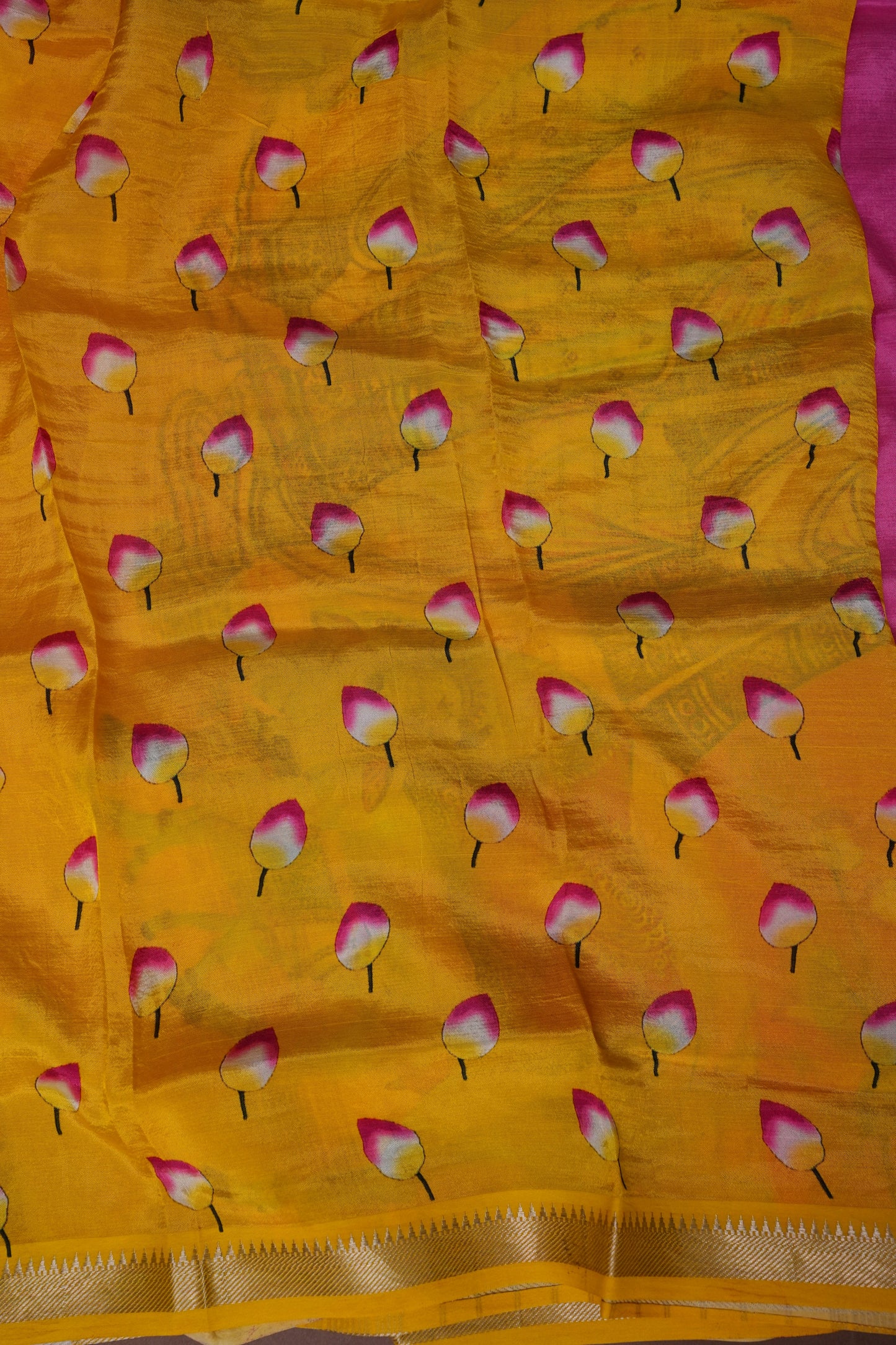 Mangalagiri Printed Silk Saree - Lotus Pink with Mustard Yellow