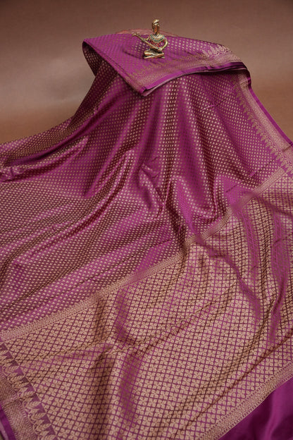 Satin Georgette Banarasi Saree with Antique Buttas & Border – Magenta