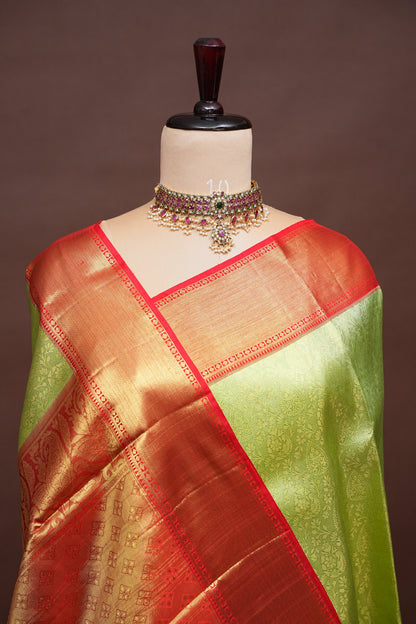 Pure Tissue Kanchipuram Silk Saree - Pistachio Green & Red Border| Silk Mark Certified