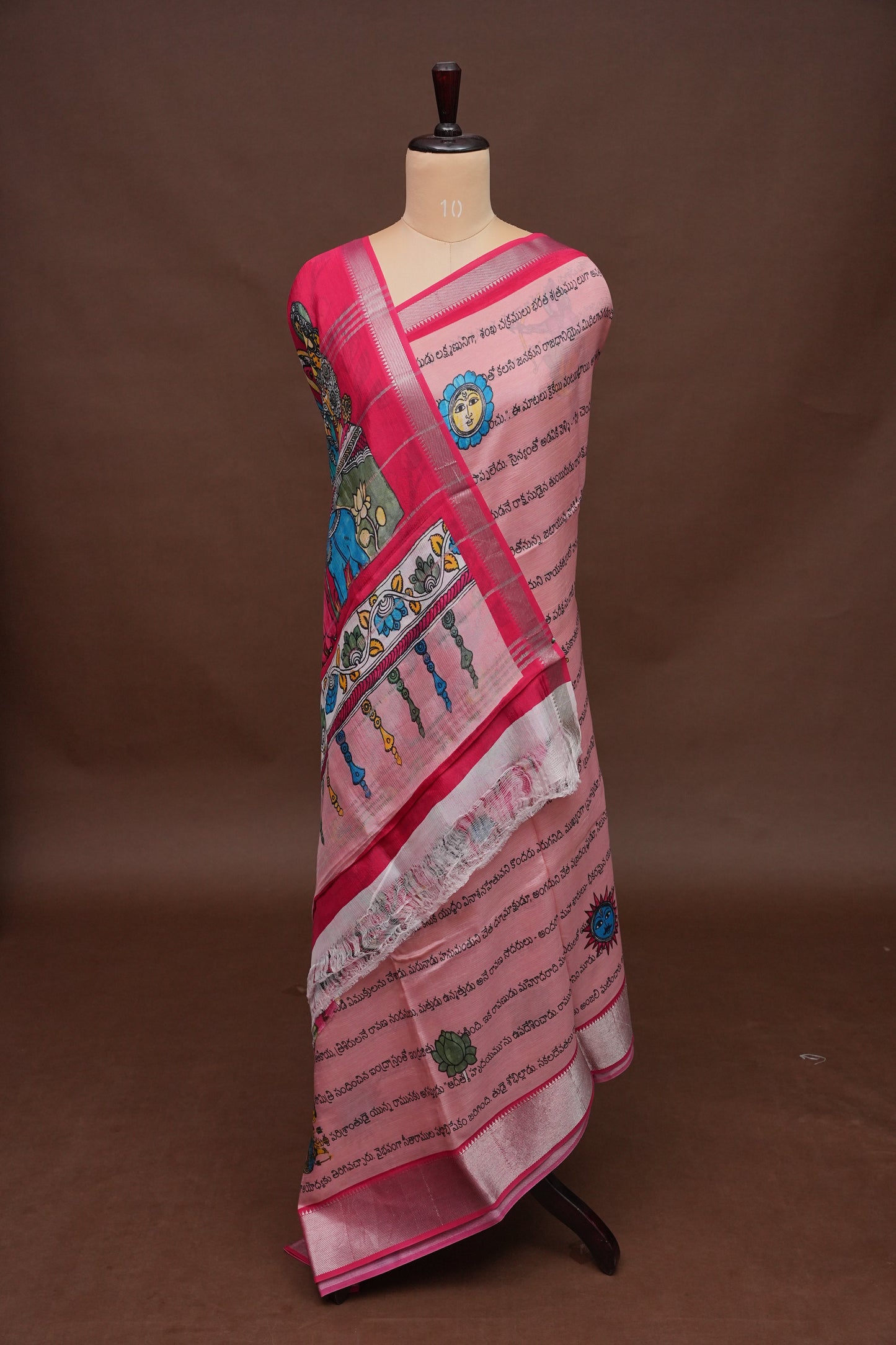 Mangalagiri Printed Silk Saree - Peach Pink & Rani Pink