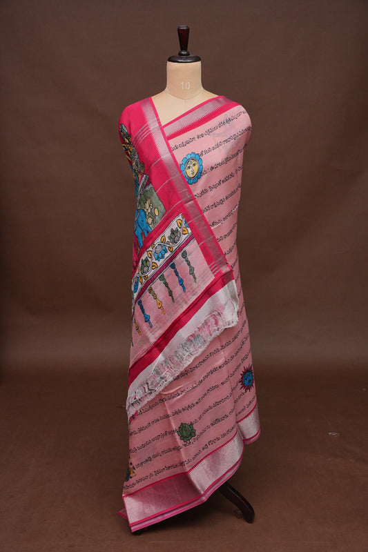 Mangalagiri Printed Silk Saree - Peach Pink & Rani Pink