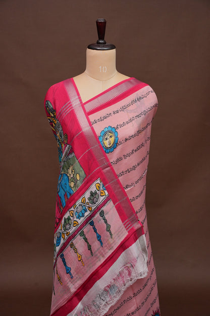 Mangalagiri Printed Silk Saree - Peach Pink & Rani Pink