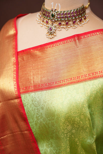 Pure Tissue Kanchipuram Silk Saree - Pistachio Green & Red Border| Silk Mark Certified