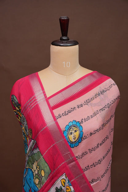 Mangalagiri Printed Silk Saree - Peach Pink & Rani Pink