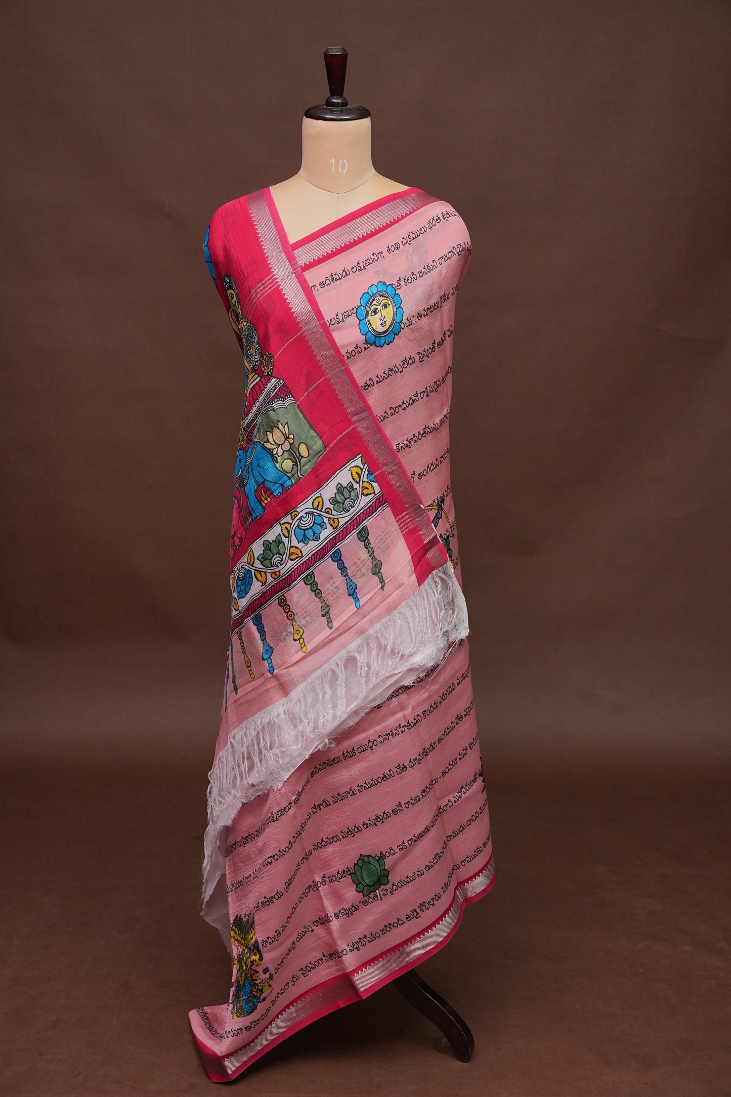 Mangalagiri Printed Silk Saree - Peach Pink & Rani Pink