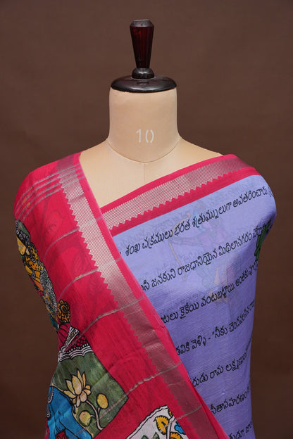 Mangalagiri Printed Silk Saree - Lavender & Rani Pink