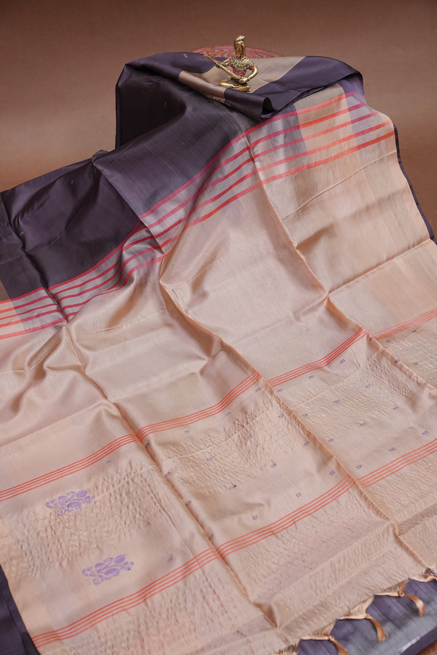 Handwoven Vegan Banana Pith Saree – Chocolate brown & Ivory White with Traditional Motifs