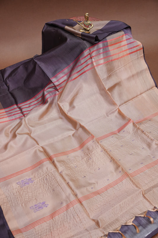 Handwoven Vegan Banana Pith Saree – Chocolate brown & Ivory White with Traditional Motifs