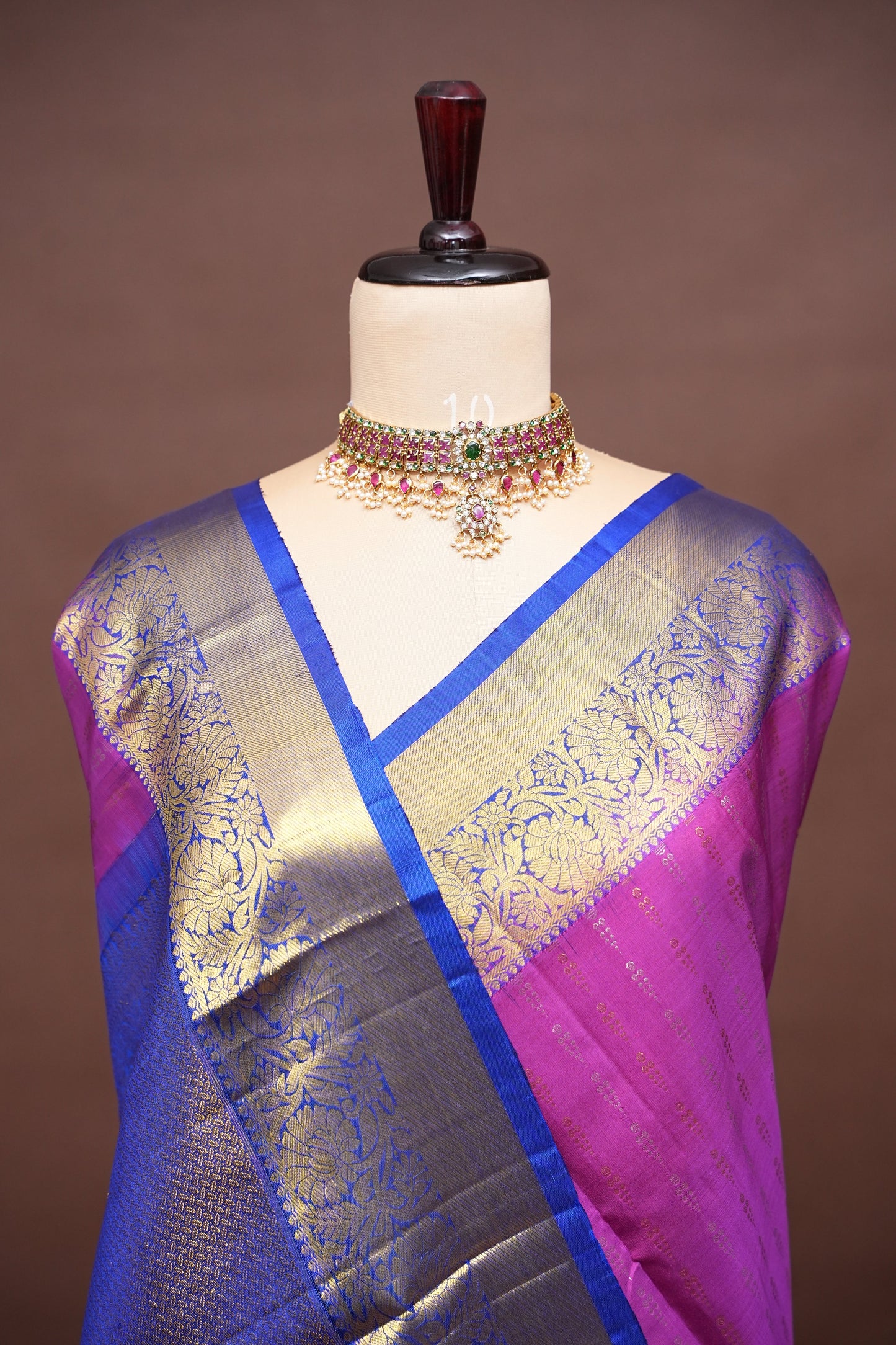 Royal Blue & Pink Pure Kanchipuram Silk Saree with Rich Gold Zari Border|Silk Mark Certified