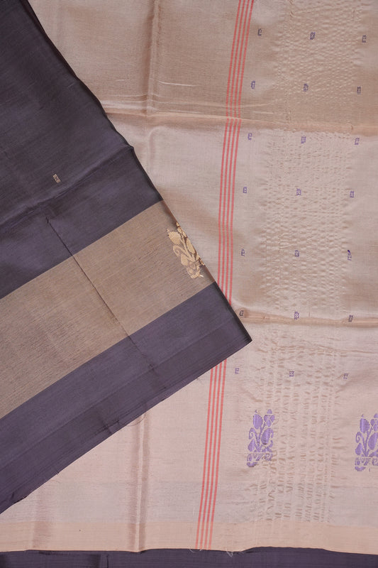 Handwoven Vegan Banana Pith Saree – Chocolate brown & Ivory White with Traditional Motifs