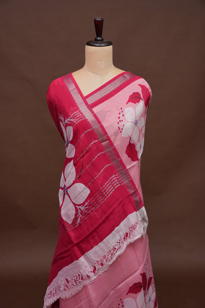 Mangalagiri Printed Silk Saree – Soft Pink & Coral Red