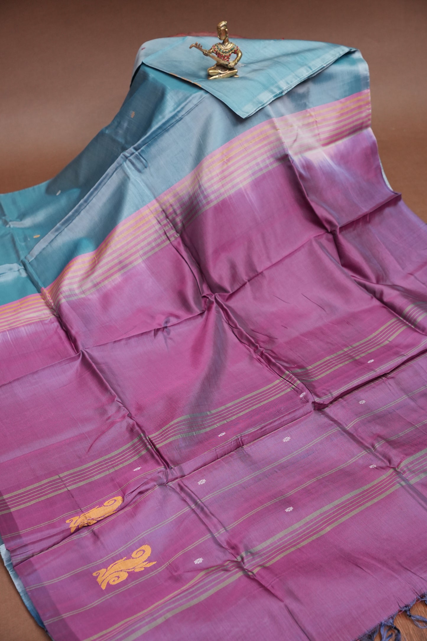 Handwoven Vegan Banana Pith Saree – Aqua Blue and Purple
