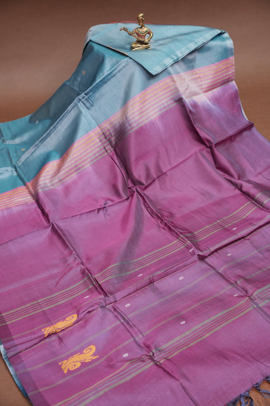 Handwoven Vegan Banana Pith Saree – Aqua Blue and Purple