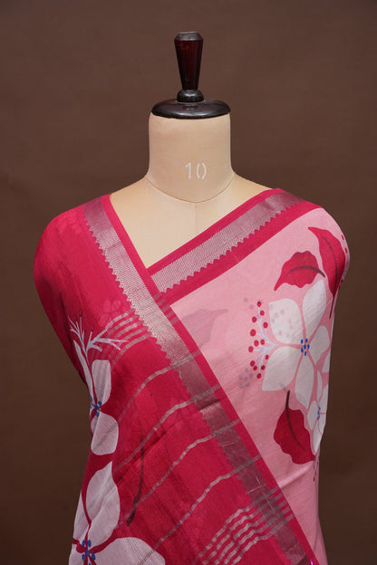 Mangalagiri Printed Silk Saree – Soft Pink & Coral Red