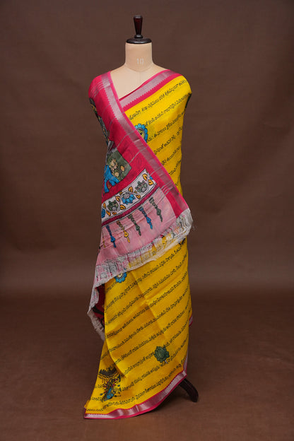 Mangalagiri Printed Silk Saree - Yellow & Rani Pink