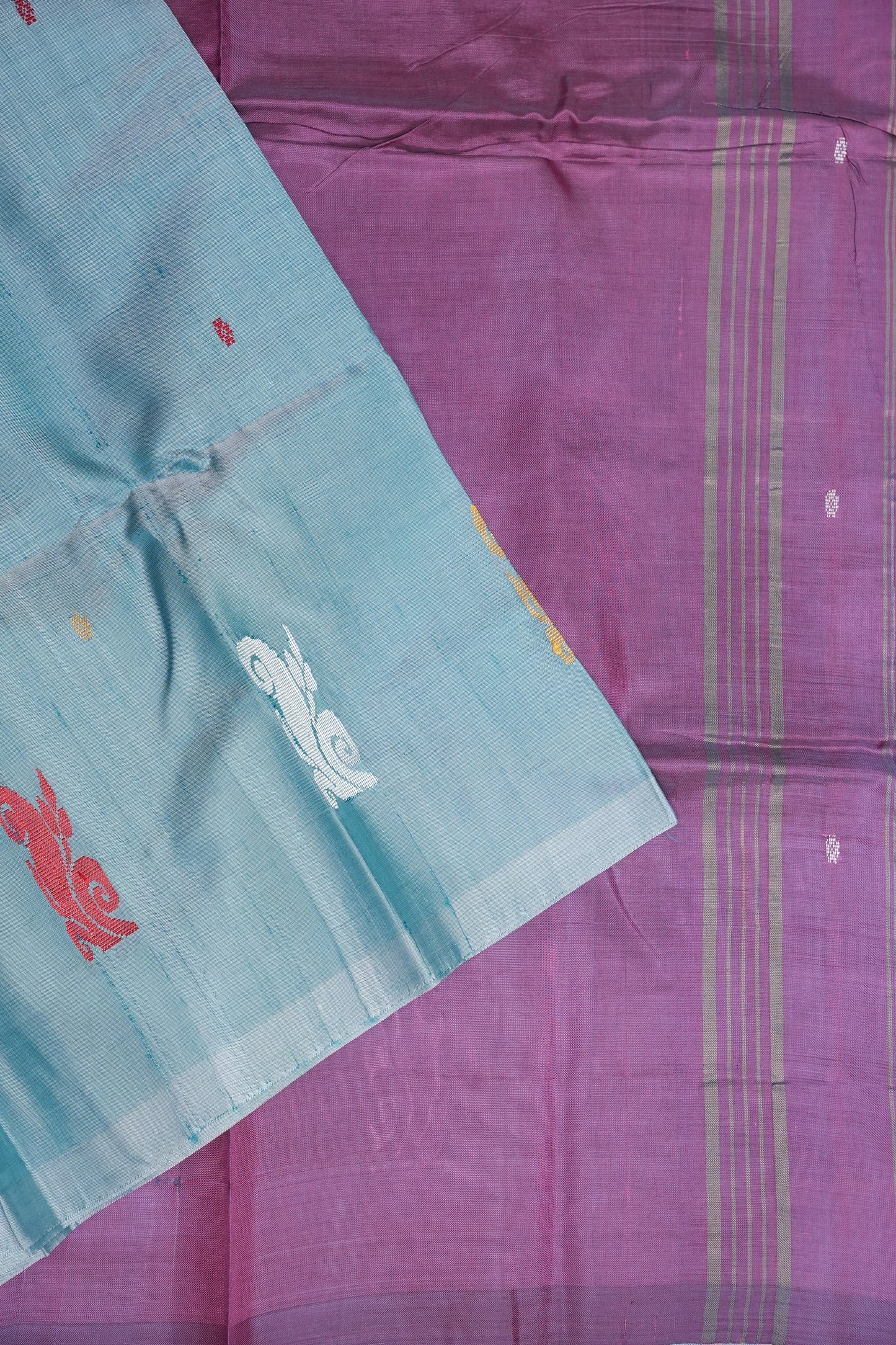 Handwoven Vegan Banana Pith Saree – Aqua Blue and Purple