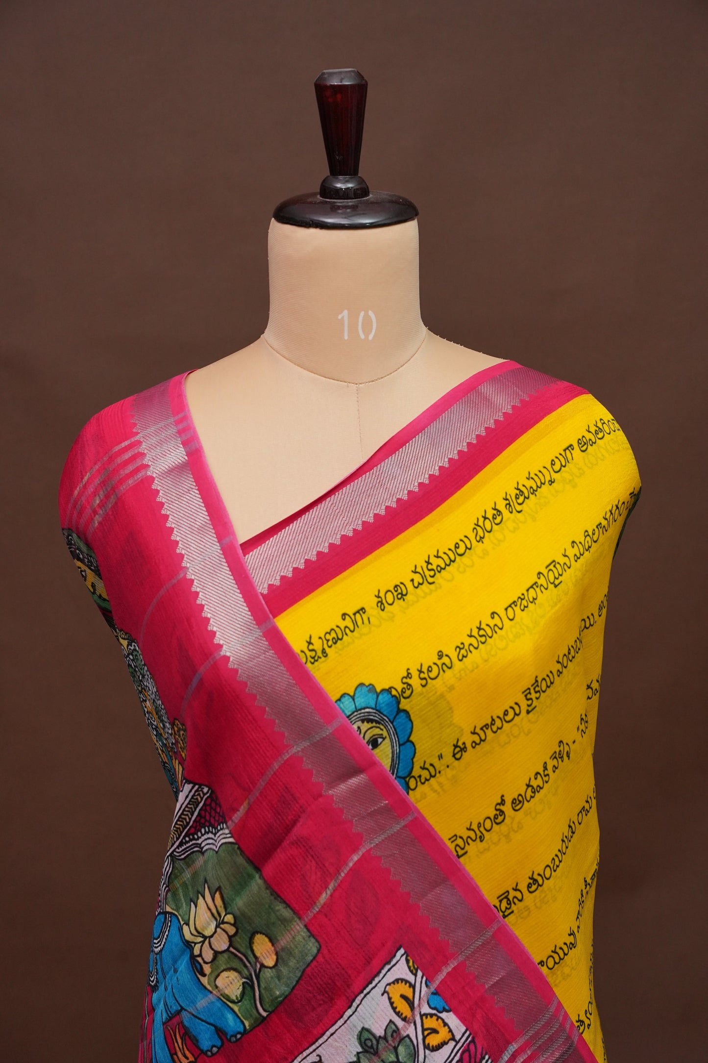 Mangalagiri Printed Silk Saree - Yellow & Rani Pink