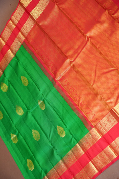 Pure Kanchipuram Silk Saree with Rich Gold Zari - Green & Vermilion Red