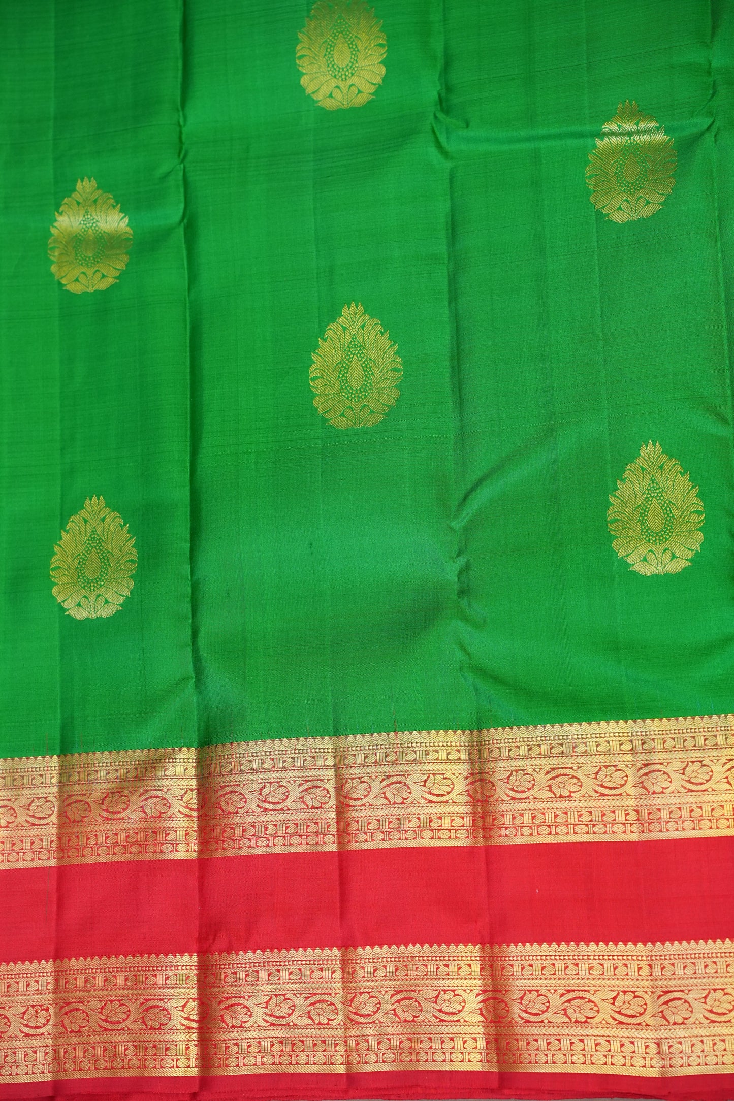 Pure Kanchipuram Silk Saree with Rich Gold Zari - Green & Vermilion Red