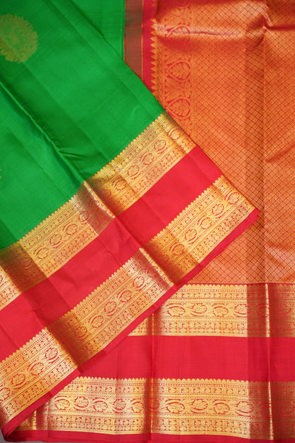 Pure Kanchipuram Silk Saree with Rich Gold Zari - Green & Vermilion Red