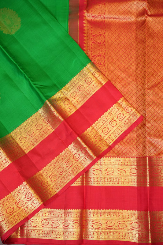 Pure Kanchipuram Silk Saree with Rich Gold Zari - Green & Vermilion Red