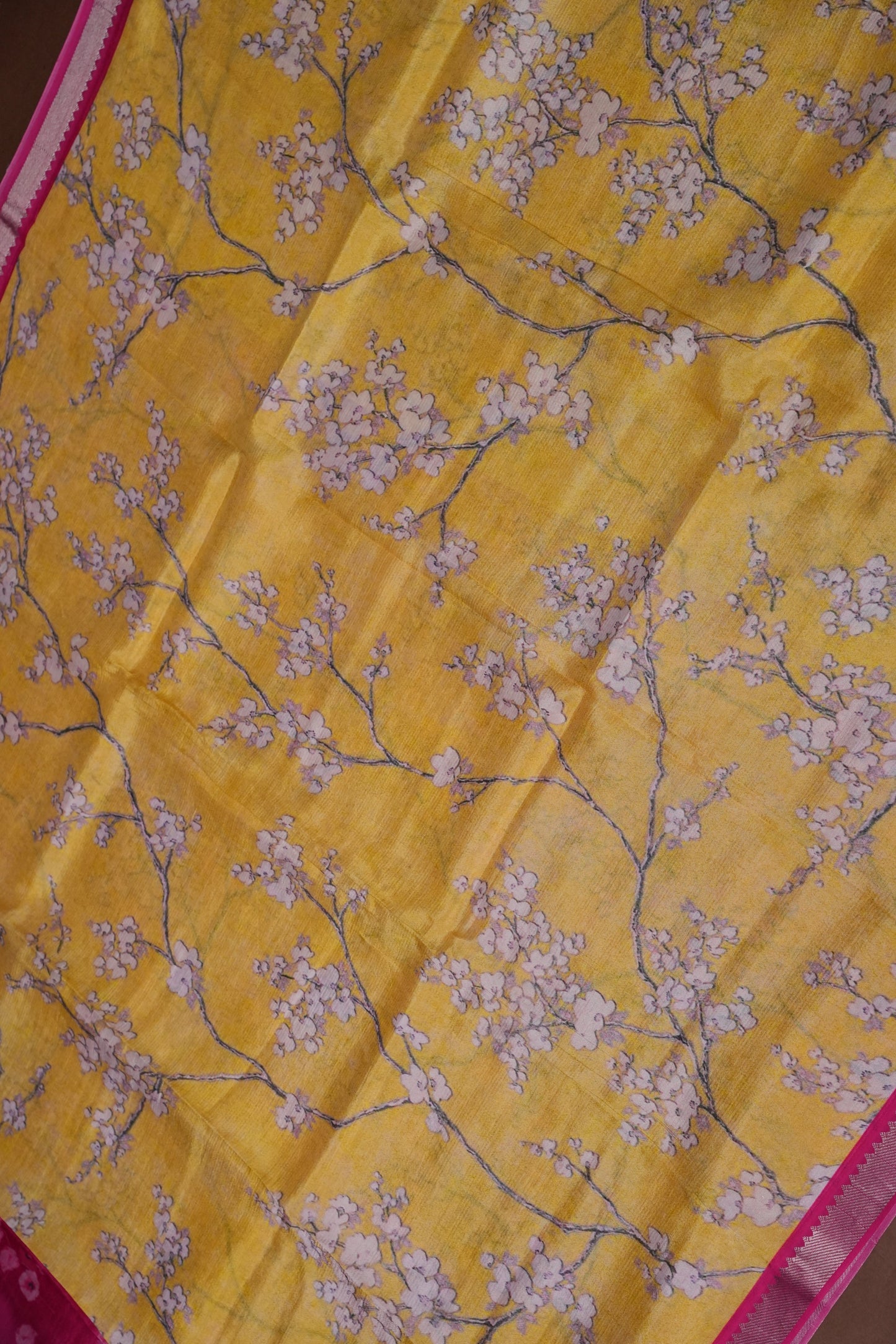 Mangalagiri Printed Silk Saree - Light Yellow & Rani Pink