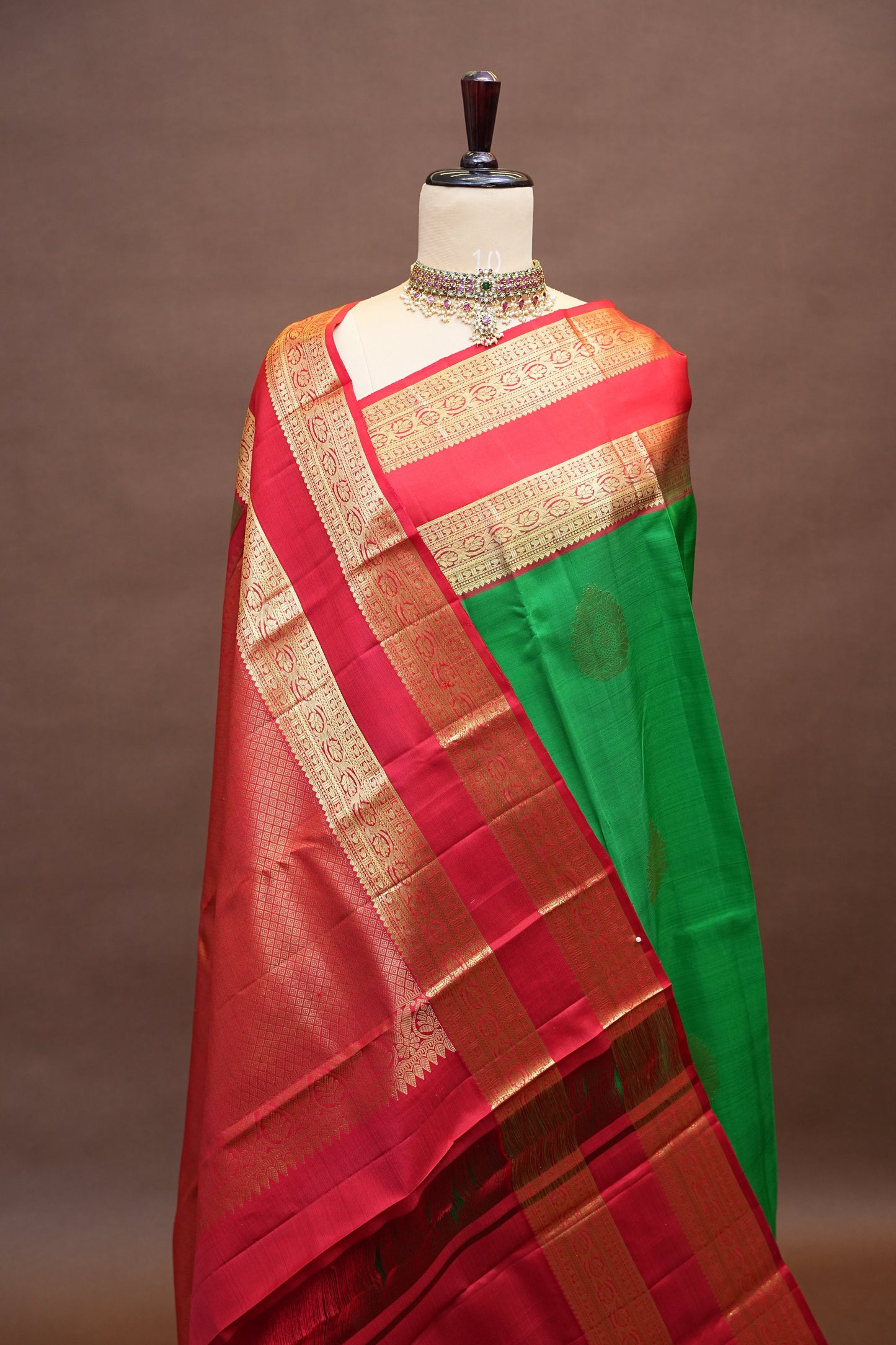 Pure Kanchipuram Silk Saree with Rich Gold Zari - Green & Vermilion Red
