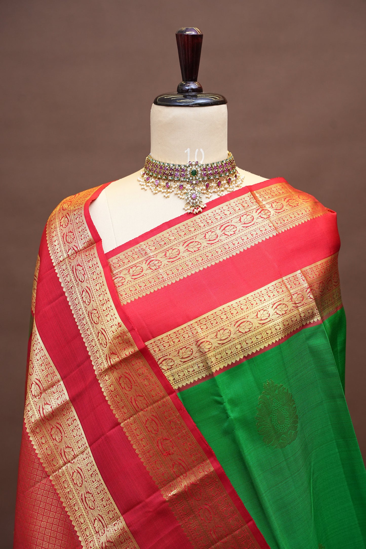 Pure Kanchipuram Silk Saree with Rich Gold Zari - Green & Vermilion Red
