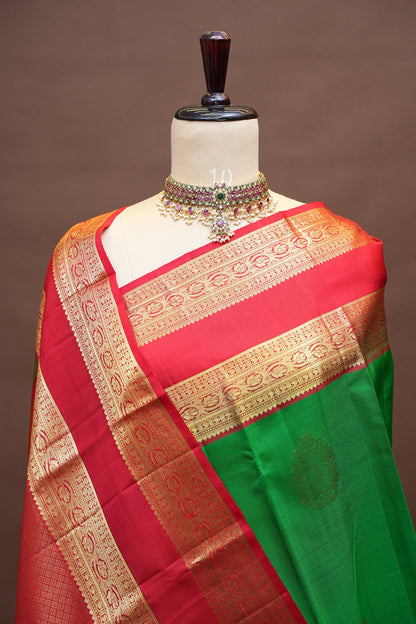 Pure Kanchipuram Silk Saree with Rich Gold Zari - Green & Vermilion Red