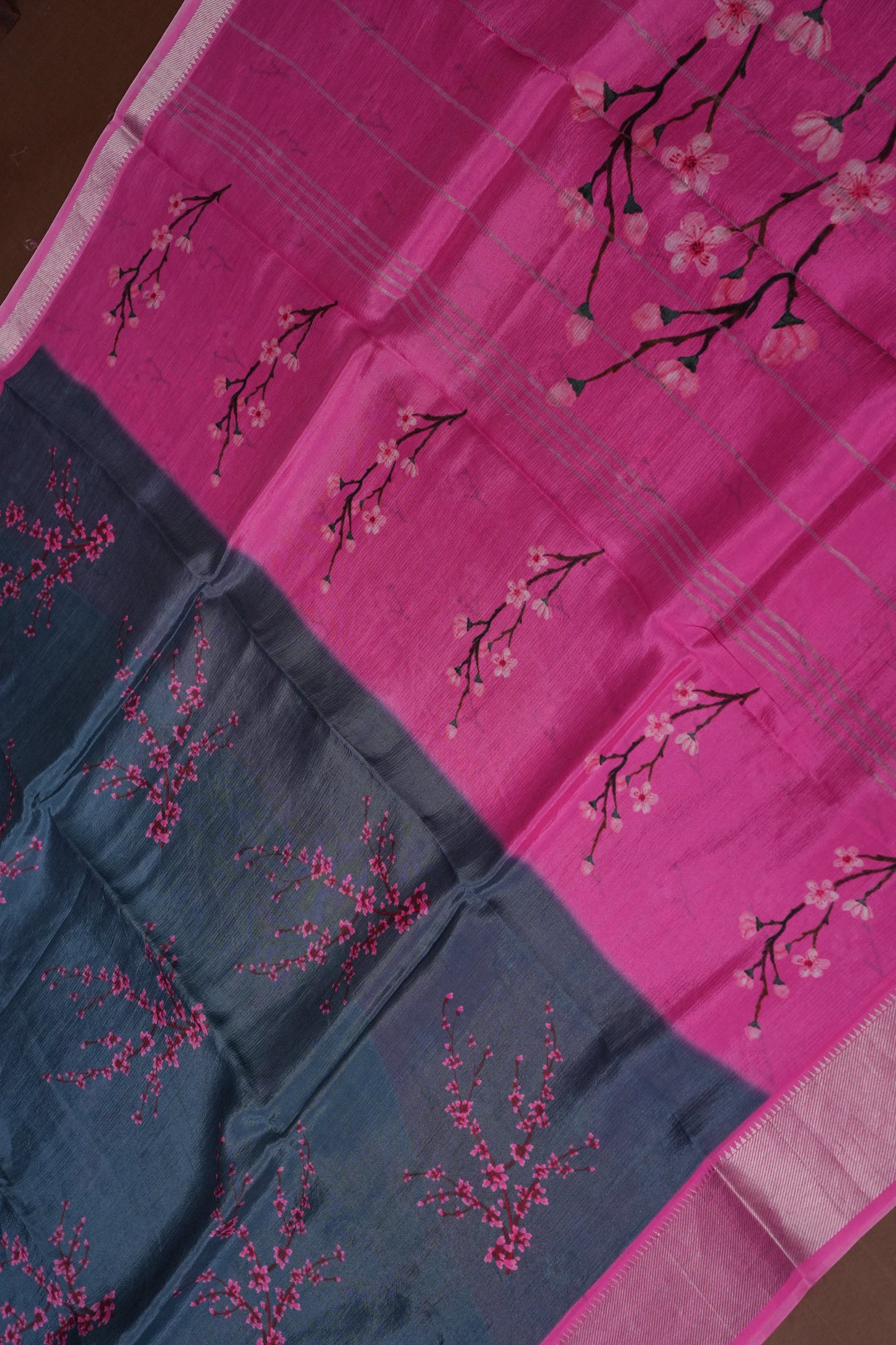 Mangalagiri Printed Silk Saree - Grey & Pink