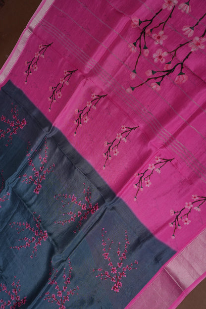 Mangalagiri Printed Silk Saree - Grey & Pink