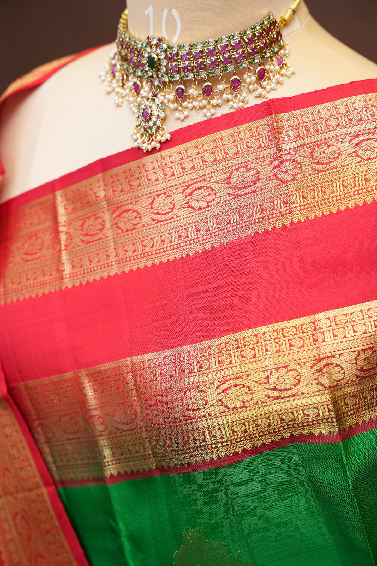 Pure Kanchipuram Silk Saree with Rich Gold Zari - Green & Vermilion Red