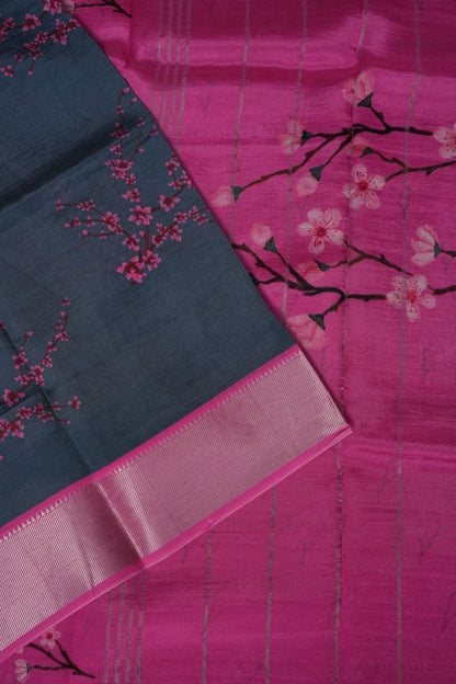 Mangalagiri Printed Silk Saree - Grey & Pink