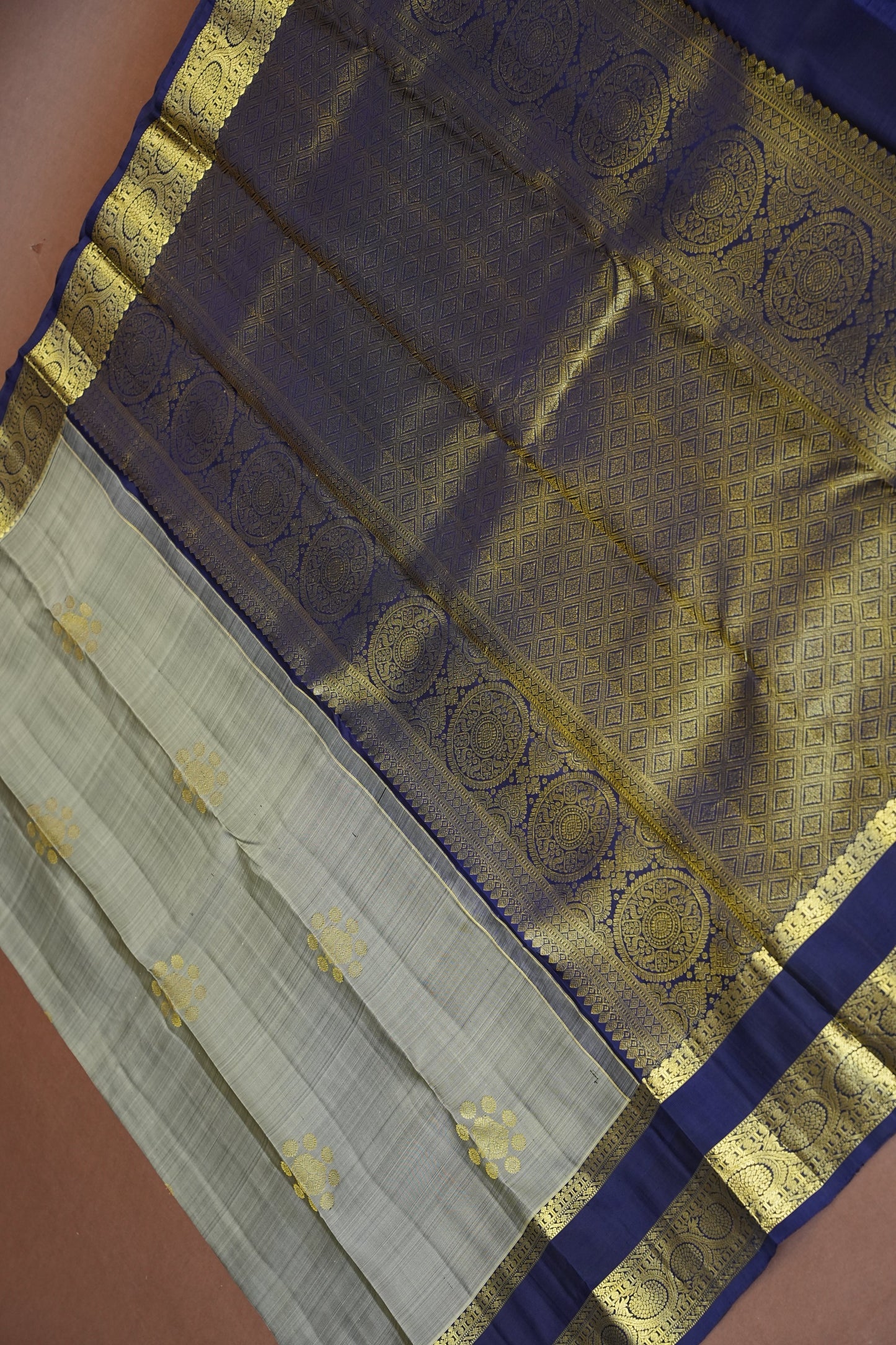 Pure Kanchipuram Silk Saree with Rich Gold Zari Weaving - Silver Grey & Navy Blue